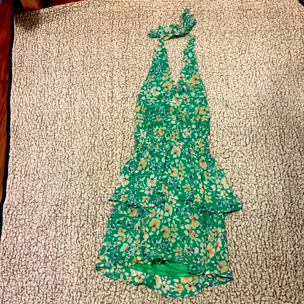 Green floral halter top dress